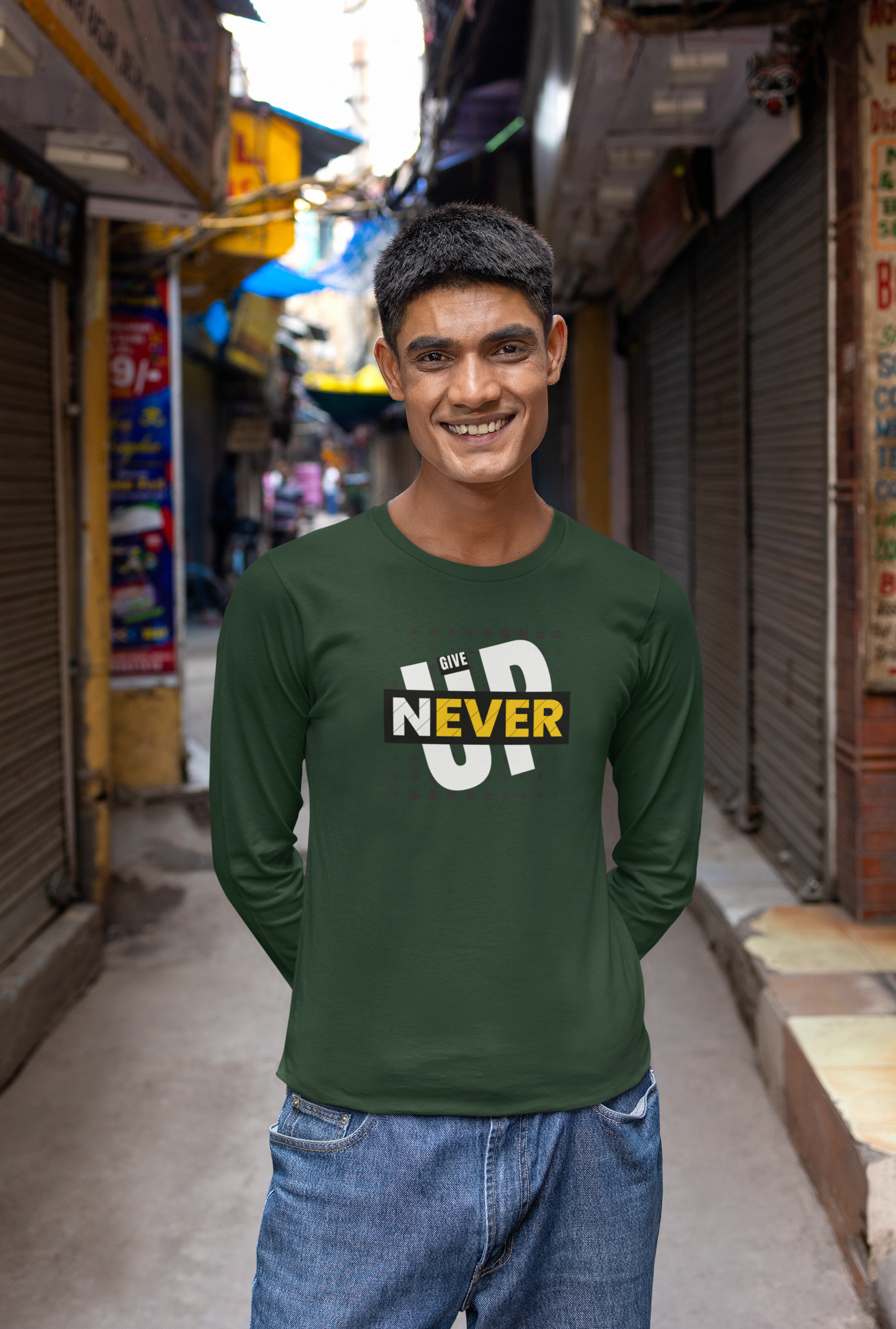 Never Give Up - Men's Olive Green Full Sleeve T-shirt
